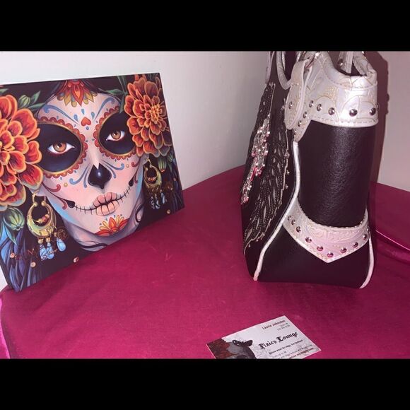 Rhinestone Cross Embroidered Carry Handbag In Pewter - Picture 4 of 4